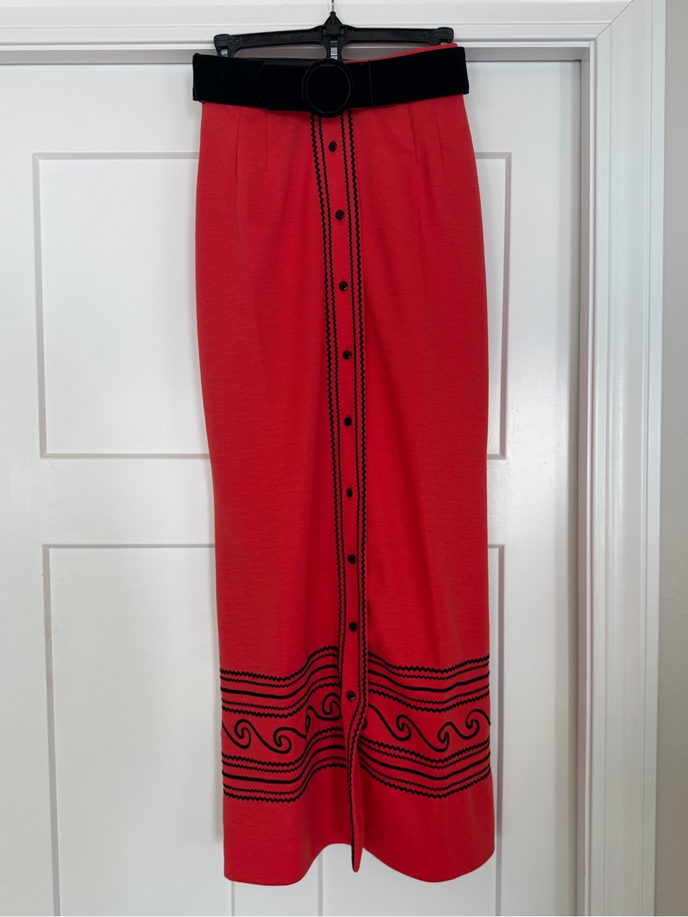 Red-ish, but maybe orange-ish Vintage Button-Front Maxi Skirt with Black Trim